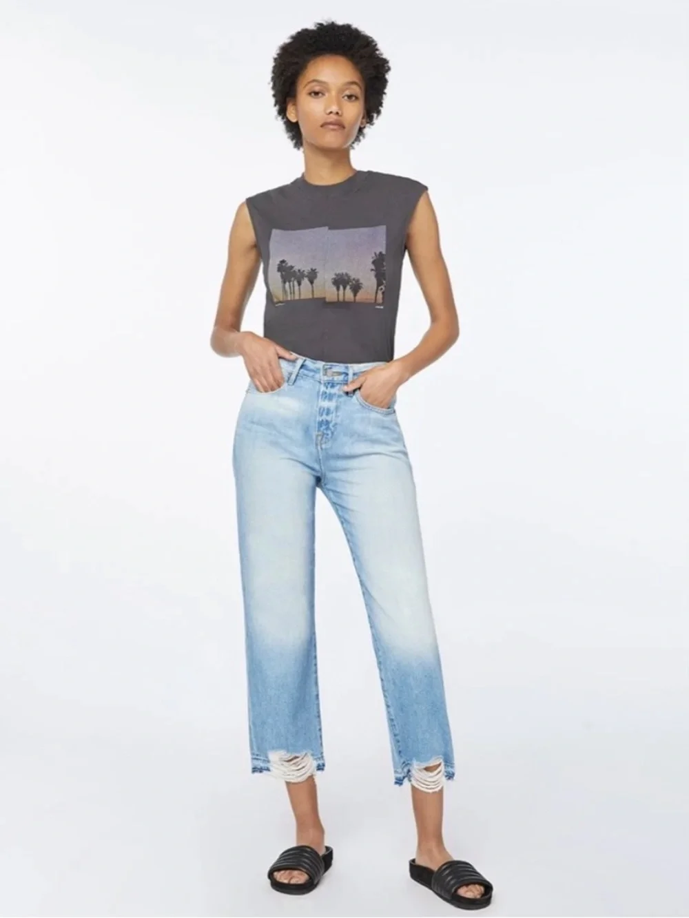 FRAME Le Hollywood Crop Jeans – Light Wash Distressed Hem – Size 29